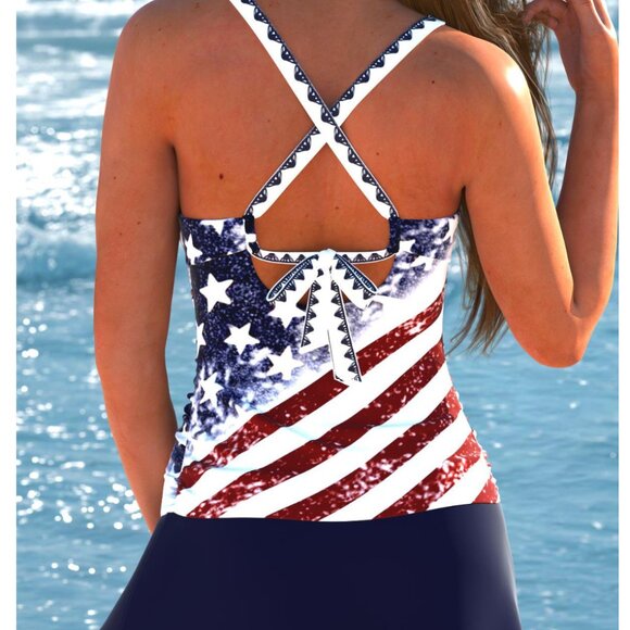 ROTITA Surplice Navy American Flag Print Tankini Set M 4th of July Patriotic - Picture 2 of 15